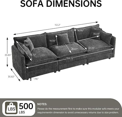 Modular Sectional Sofa, 112.2 Inch Rectangle Shaped Couch Set with Armrests, 3-Seater Comfy Cloud Couches for Living Room Apartment, Grey