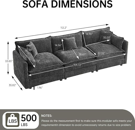 Modular Sectional Sofa, 112.2 Inch Rectangle Shaped Couch Set with Armrests, 3-Seater Comfy Cloud Couches for Living Room Apartment, Grey