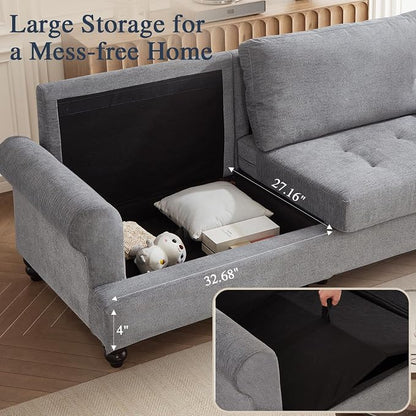 81” Sofa Couch with Storage, Mid Century Modern Decor Loveseat Couches for Living Room, Button Tufted Upholstered Small Couch for Bedroom, Apartment (Gray)