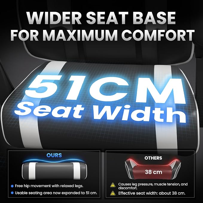 Gaming Chair for Adults Gamer Game Ergonomic PC Chair, 7-Point Support | Pocket Springs & Foam,51cm Wide Seat,Sync Armrests, 90°-135° Backrest, PU Leather, Black and White, 400lbs Load