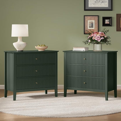 RoyalCraft 32" Large Nightstand Set of 2, Fluted Painted Bedside Table with 3 Spacious Drawers, Modern Tall End Table for Bedroom, Dark Green