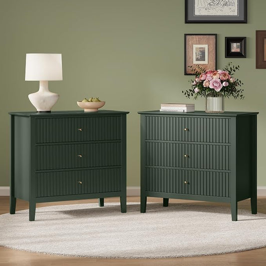 RoyalCraft 32" Large Nightstand Set of 2, Fluted Painted Bedside Table with 3 Spacious Drawers, Modern Tall End Table for Bedroom, Dark Green