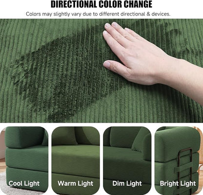 79" Convertible Sleeper Sofa Bed, Corduroy Boneless Fold-Out Couch in a Box, 4-in-1 Loveseat/Futon Couch, High-Density Foam, No Assembly, Side Pockets, 2 Pillows for Small Spaces, Dark Green
