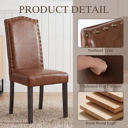 LSSBOUGHT PU Dining Chair Set of 2 Upholstered Parsons Kitchen Chair with Copper Nails and Solid Wood Legs for Dining Room,Restaurant(Brown, 2PCS)