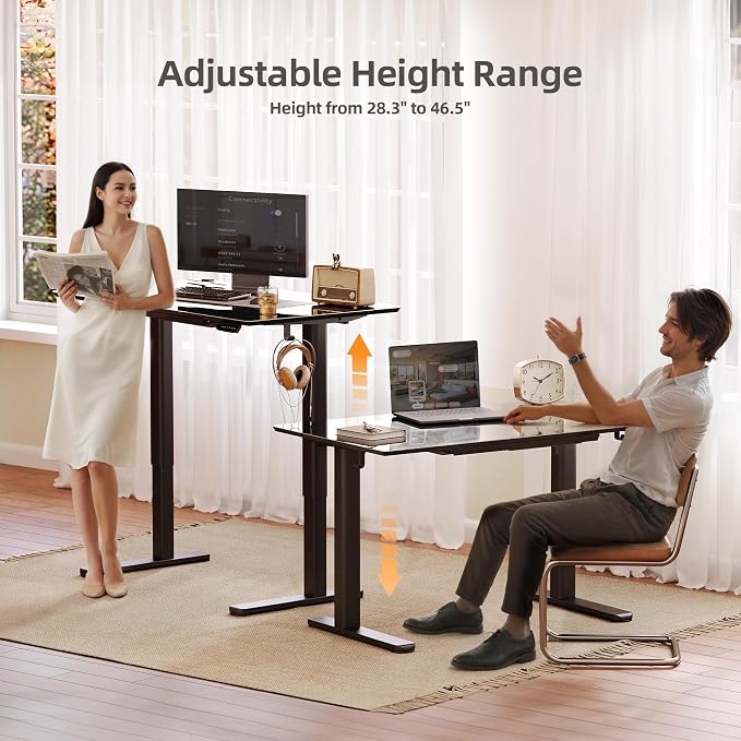 INNOVAR Glass Standing Desk with Drawers, 32×19 Inch Adjustable Stand Up Desk, Quick Install Home Office Computer Desk, Black