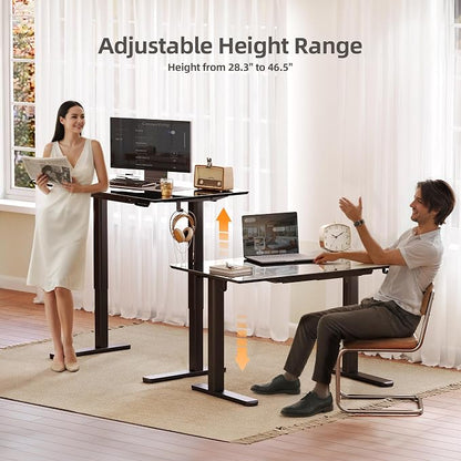 INNOVAR Glass Standing Desk with Drawers, 35×20 Inch Adjustable Stand Up Desk, Quick Install Home Office Computer Desk, Black