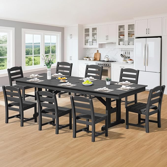 SERWALL 9 Piece 84" HDPE Outdoor Dining Set for 8 with Armless Chairs and Umbrelle Hole, Black