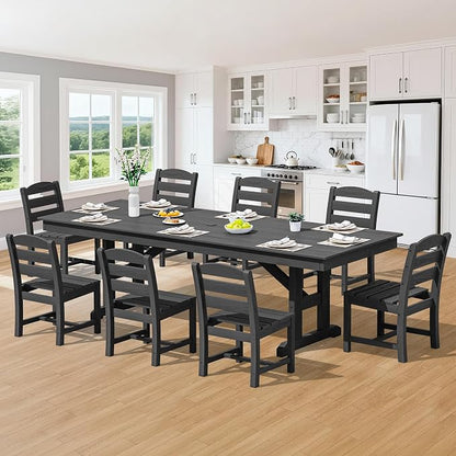 SERWALL 9 Piece 84" HDPE Outdoor Dining Set for 8 with Armless Chairs and Umbrelle Hole, Black