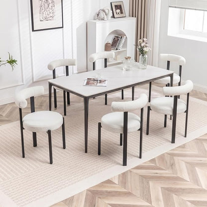 Boucle Dining Chairs Set of 6, Mid Century Modern Dining Room Chairs with Curved Backrest and Black Metal Legs, Upholstered Round Dining Accent Chairs for Kitchen, Living Room, Bedroom (Beige)