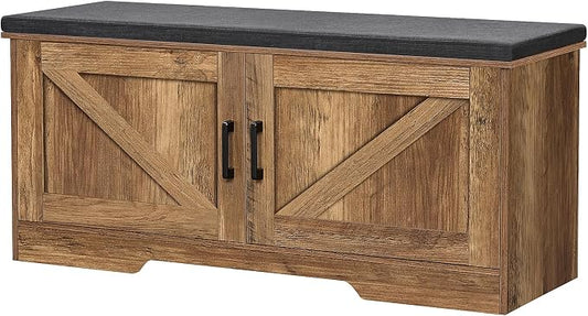 HOMSHO Farmhouse Shoe Storage Bench with 2 Barn Doors & Padded Seat Cushion | 39.4" Wide Entryway Bench with Adjustable Shelves & Hidden Storage, Rustic Walnut