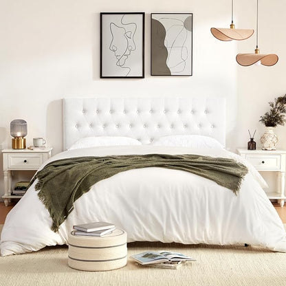 Tufted Upholstered Headboard Full Size, Adjustable Height 37- 51 in, White | Sturdy and Durable Solid Wood Full XL Headboard, Fabric Full Headboard Only, Modern Button Diamond Design Head Board