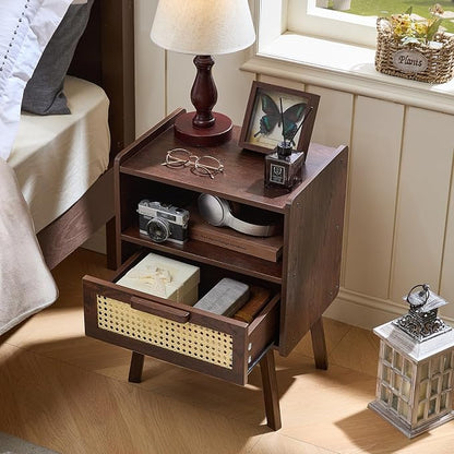Lerliuo Rattan Nightstand, Bedside Table with Drawer Open Shelf, Cane Accent Side End Table with Solid Wood Legs, Walnut Vintage Night Stand for Bedroom, Dorm and Small Spaces