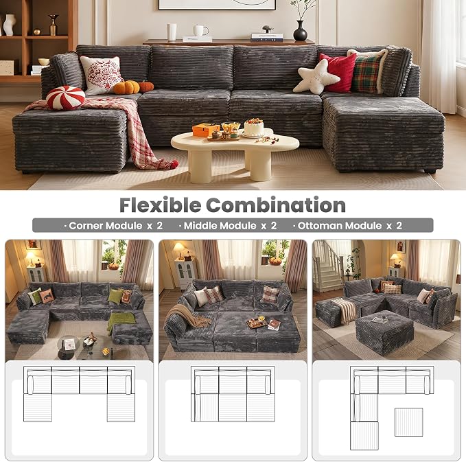 ovios Modular Sectional Sofa Couch with U-Shape Chaise Ottomans, Comfy Plush Corduroy Cloud Couches, Modern Luxury Deep Seat Sofas Set for Living Room, 6-Seater, Grey