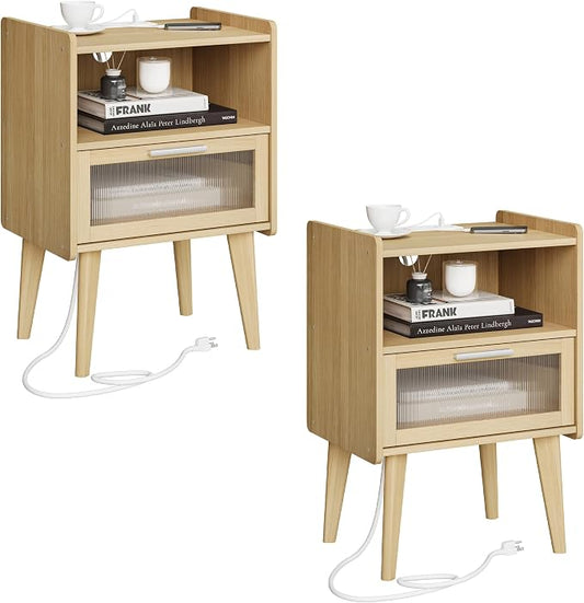 Nightstand with Charging Station, Natural Wood Bedside Tables, Modern End Table, Side Table with 2 Tiers Storage Space for Bedroom Living Room MLBZ07YE-2