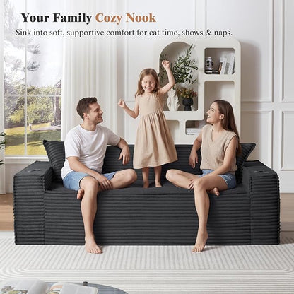 3 pcs Boneless Living Room Couch Set, Boneless Sofa Couches with Cup Holder for Compact Living Rooms, Apartments (Deep Gray, Single Chair + Loveseat+ 3 Seat Sofa)
