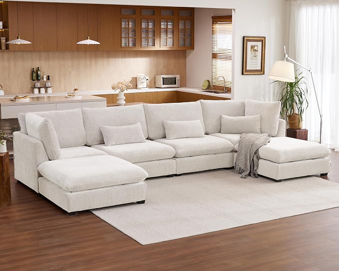 154" Oversized Chenille Couch Modular Sectional Sofa, Washable Cloud Couch Sectional with 2 Ottoman, 6 Seater Sectional Couches for Living Room, Fully Cover Removable, U Shaped, Chenille, White