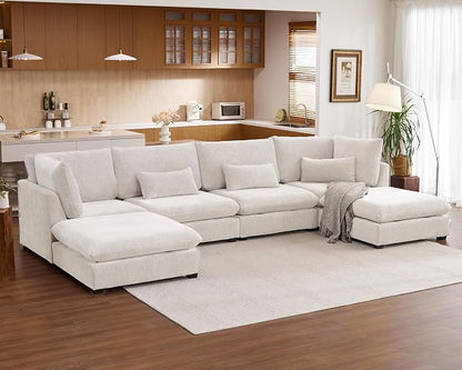 154" Oversized Chenille Couch Modular Sectional Sofa, Washable Cloud Couch Sectional with 2 Ottoman, 6 Seater Sectional Couches for Living Room, Fully Cover Removable, U Shaped, Chenille, White
