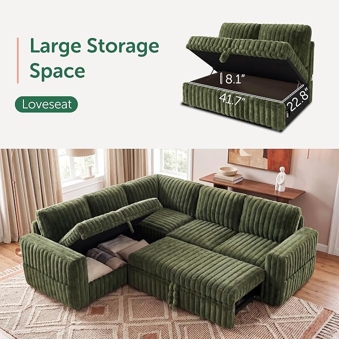 HONBAY Plush Corduroy Modular Sectional Sofa with Pull Out Bed, Convertible L Shaped Couch with Storage,Sleeper Sectional Couches for Living Room,Plush Green