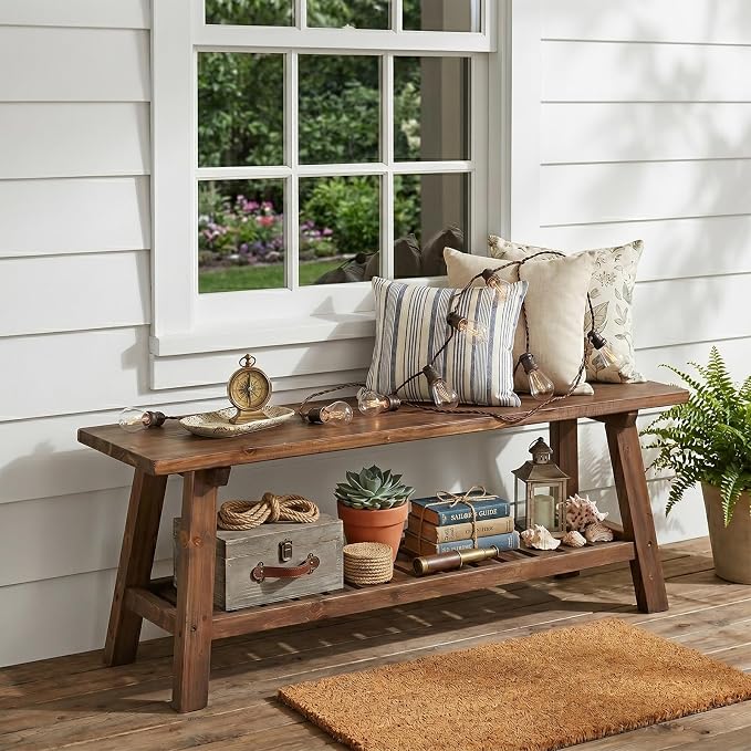 VINGLI Rustic Storage Bench, Solid Wood Seat with Storage Shelf, Indoor Outdoor Shoe Rack, 450lbs Capacity Small Outdoor Bench for Mudroom Entryway Patio Porch (Brown, 43in)