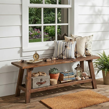 VINGLI Rustic Storage Bench, Solid Wood Seat with Storage Shelf, Indoor Outdoor Shoe Rack, 450lbs Capacity Small Outdoor Bench for Mudroom Entryway Patio Porch (Brown, 43in)