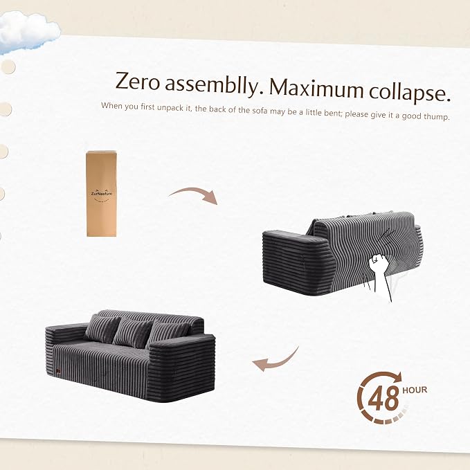 ZurNesfure Sofa Couch Cloud 3-seater Memory Foam Couch with Pillow No Assembly Required, Modern Couch with Removable Washable Cover Boneless Sofas for Living Room Bedroom Apartment (Darkgrey,3-Seater)