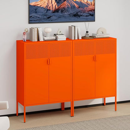 47''H Orange Metal Storage Cabinet, Metal TV Stand with 2 Adjustable Shelves, 3-Tier Metal Locker with Vent Hole, Storage Cabinets for Entryway, Home Office, Music Studio, Home Office
