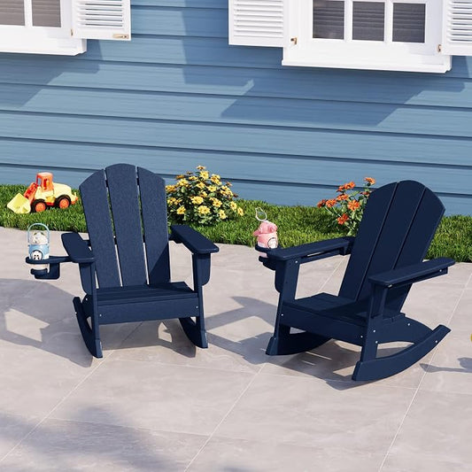 Costaelm Paradise Kids Outdoor Preschool HDPE Plastic Classic Adirondack Rocking Chair (Set of 2), Navy Blue