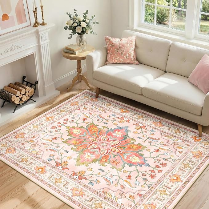 RELEANY Area Rugs 4'x5' Washable Non-Slip, Floral Vintage Distress Medallion Carpet for Living Room Bedroom Dining Room, Light Pink Colorful