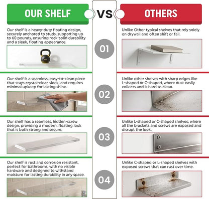 Set of 2 Acrylic Floating Shelves - 22" Clear floating shelves for Bathroom & Living Room - 22" x 7" x 0.6" Invisible Wall Mounted Shelves for Books , Lego Display, Waterproof, Holds 60 lbs on drywall