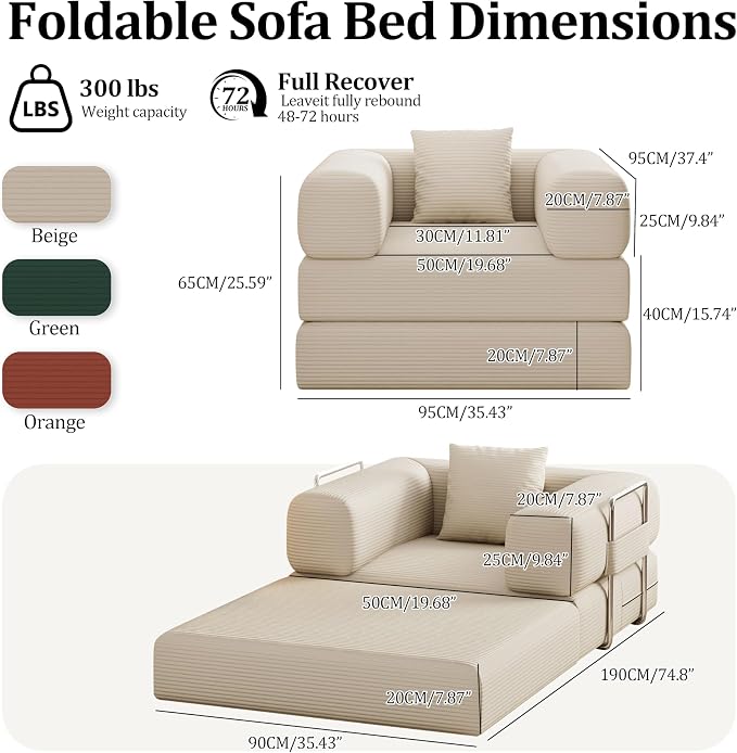 Single Couch Sofa for Small Spaces 2 in 1 Convertible Sofa to Lounger Comfy Bean Bag Chair for Adults with Removable Cover with Pillows for Bedroom, Apartment, Office (Beige, 35.43" Single Sofa)