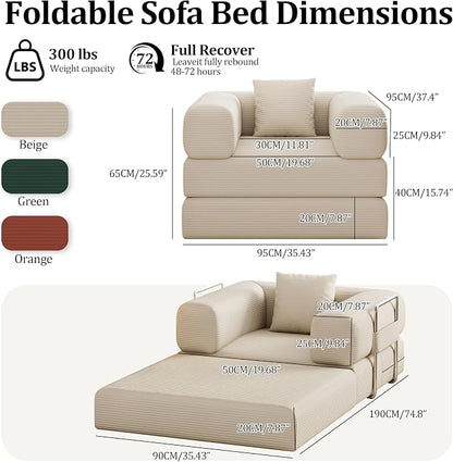 Single Couch Sofa for Small Spaces 2 in 1 Convertible Sofa to Lounger Comfy Bean Bag Chair for Adults with Removable Cover with Pillows for Bedroom, Apartment, Office (Beige, 35.43" Single Sofa)