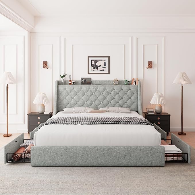 Feonase Upholstered Full Size Bed Frame with 4 Storage Drawers, Charging Station and Tufted Wingback Storage Headboard, No Box Spring Needed, Easy Assembly, Light Grey