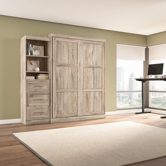 Bestar Pur Queen Murphy Bed with Shelving Unit, 90-inch Space-Saving Sleeping Arrangement for Multipurpose Room in Rustic Brown