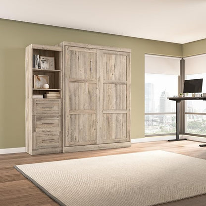 Bestar Pur Queen Murphy Bed with Shelving Unit, 90-inch Space-Saving Sleeping Arrangement for Multipurpose Room in Rustic Brown
