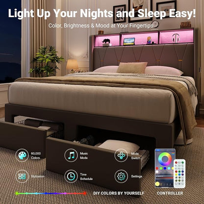 Allewie Full Bed Frame with 2-Tier Storage Headboard, Charging Station & LED Lights, Velvet Upholstered Platform Bed with 2 Drawers, Wingback Headboard, Gold Button Tufted, No Box Spring Needed, Grey