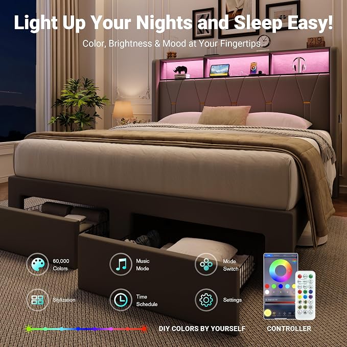 Allewie Queen Bed Frame with 2-Tier Storage Headboard, Charging Station & LED Light, Velvet Upholstered Platform Bed with 2 Drawers, Wingback Headboard, Gold Button Tufted, No Box Spring Needed, Grey