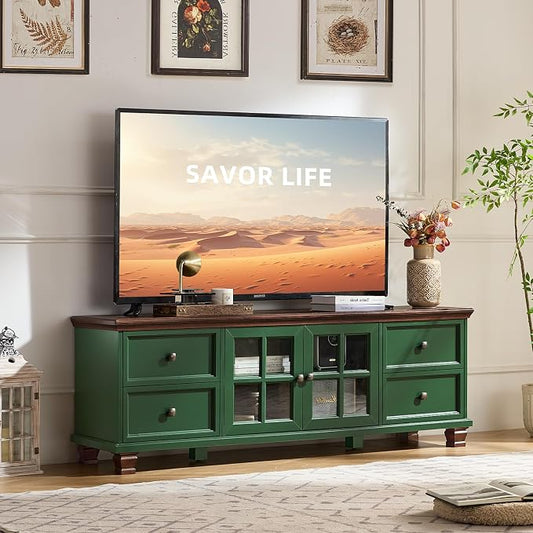 SAVOR LIFE Farmhouse TV Stand for Living Room, Rustic Green Entertainment Center with Storage Cabinet,Wood TV Console with 4 Drawers,Modern TV Stands for Bedroom,Green
