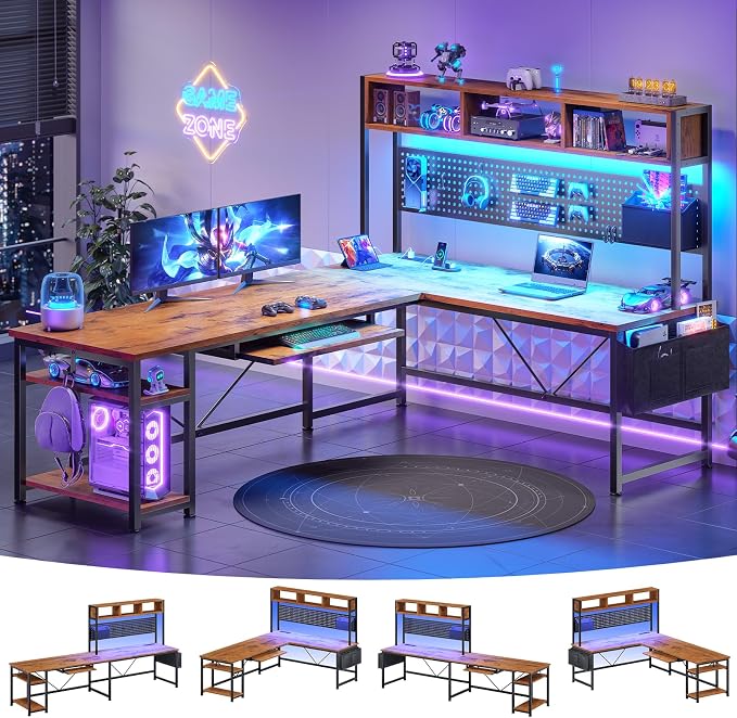 SEDETA L Shaped Computer Desk, Reversible Corner Desk with Power Outlet and Pegboard, Computer Desk with Led Lights, Keyboard Tray, Headphone Hook and Storage Shelves, Rustic Brown