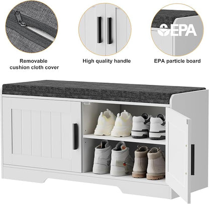 Homleke 2-Tier Storage Bench, Shoe Bench with Thickened Padded Seat Cushion, Entryway Bench with 2 Doors, Adjustable Shelf, 13.8" D x 37.4" W x 18.5" H, for Entryway, Living Room, Bedroom, White