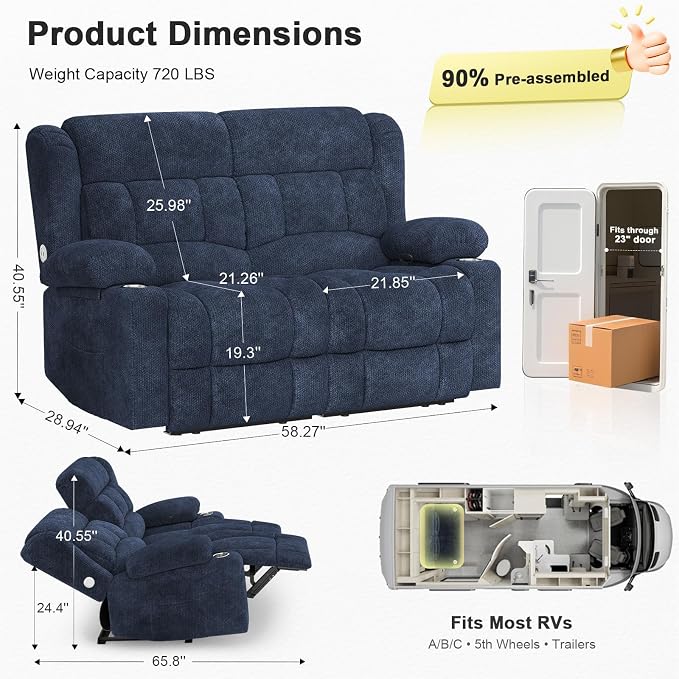 RV Loveseat Recliner Sofa, Reclining Loveseat Home Theater Seating with USB Ports, Cup Holders, Insert Pockets, Wall Hugger RV Recliners for Movie Room, Recline Movie Seats Gaming Sofa, Blue