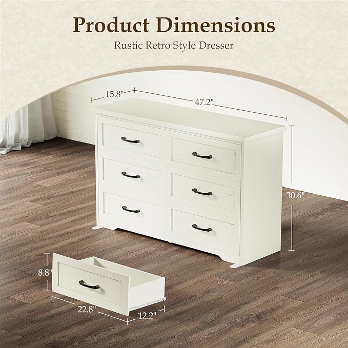 AODK Farmhouse 6 Drawer Dresser for Bedroom, 47” Wide Rustic Storage Dresser with Engineered Wood Frame, Anti-Tip Safety Chest, American Country Bedroom Furniture, Vintage White