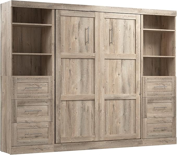 Bestar Pur Full Murphy Bed and 2 Shelving Units with Drawers, 109-inch Space-Saving Wall Bed