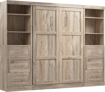Bestar Pur Full Murphy Bed and 2 Shelving Units with Drawers, 109-inch Space-Saving Wall Bed