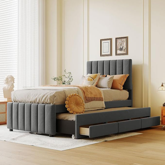 Twin Size Bed Frame with Trundle Bed and Storage Drawers,Linen Upholstered Bed Frame,Twin Size Trundle Bed with Adjustable Headboard,Upholstered Platform Bed Twin for Kids Teens Adults,Gray