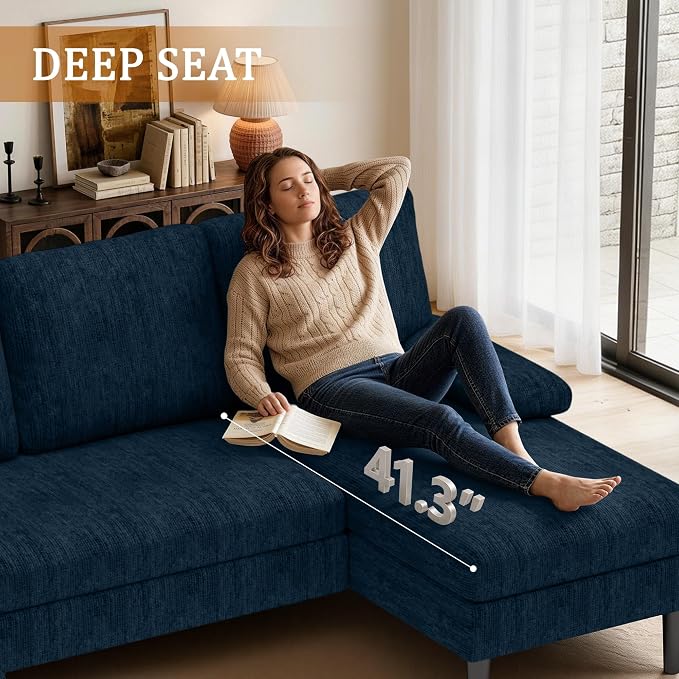 Korser U-Shaped Sectional Couches for Living Room, 101" Modular Sofa Set with Double Chaise, 4-Seat Chenille Couch with High-Density Foam for Apartment, Blue
