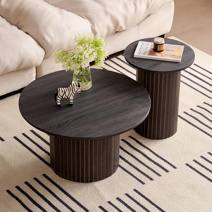 Round Nesting Coffee Table Set of 2, Fluted for Small Spaces | Modern style, suitable for living rooms, roller design, wooden