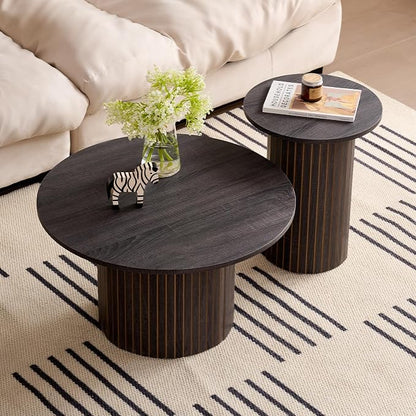 Round Nesting Coffee Table Set of 2, Fluted for Small Spaces | Modern style, suitable for living rooms, roller design, wooden