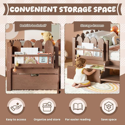 Bellemave Full Size Montessori Bed with Stairs, Lights, Rails and Slats, Full Size Montessori Floor Bed with Bookshelf and 2 Storage Drawers, Easy Assemble Beds Frame for Girls, Boys, Natural