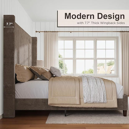 HOWE Queen Bed Frame with 61.4" Extra Tall Headboard, Corduroy Upholstered Bed with Vertical Wingback Headboard, No Box Spring Needed/Noise Free/Solid Wood Slats/Brown
