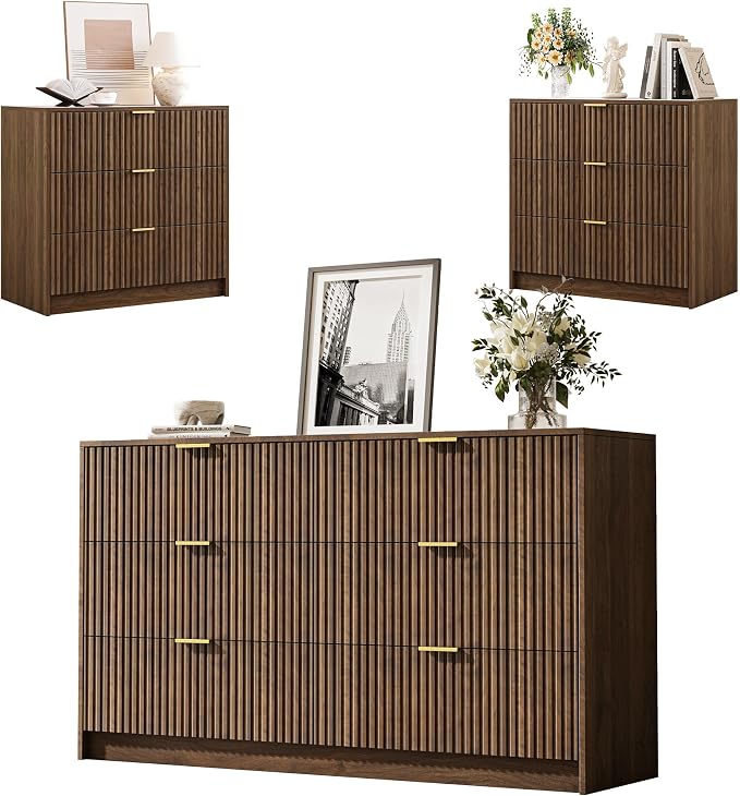 MAISONARIA 3-Piece Dresser Bedroom Set, 6 Drawer Dresser & 3 Drawer Nightstands with Gold Handles, Fluted Wood Chest of Drawers for Bedroom, Living Room, Entryway,Walnut